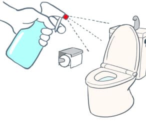 トイレットペーパーの横でトイレに洗剤を吹きかける手のイラスト。.