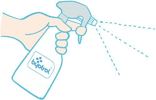 「Byotrol」というラベルの付いたスプレーボトルを持ち、ノズルから液体が噴射されている手のイラスト。.