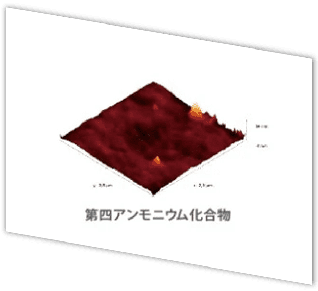 赤い凹凸のある表面と 2 つのピークを持つ 3D グラフ。以下のテキストは日本語で「第四アンモニウム化合物」と読みます。.