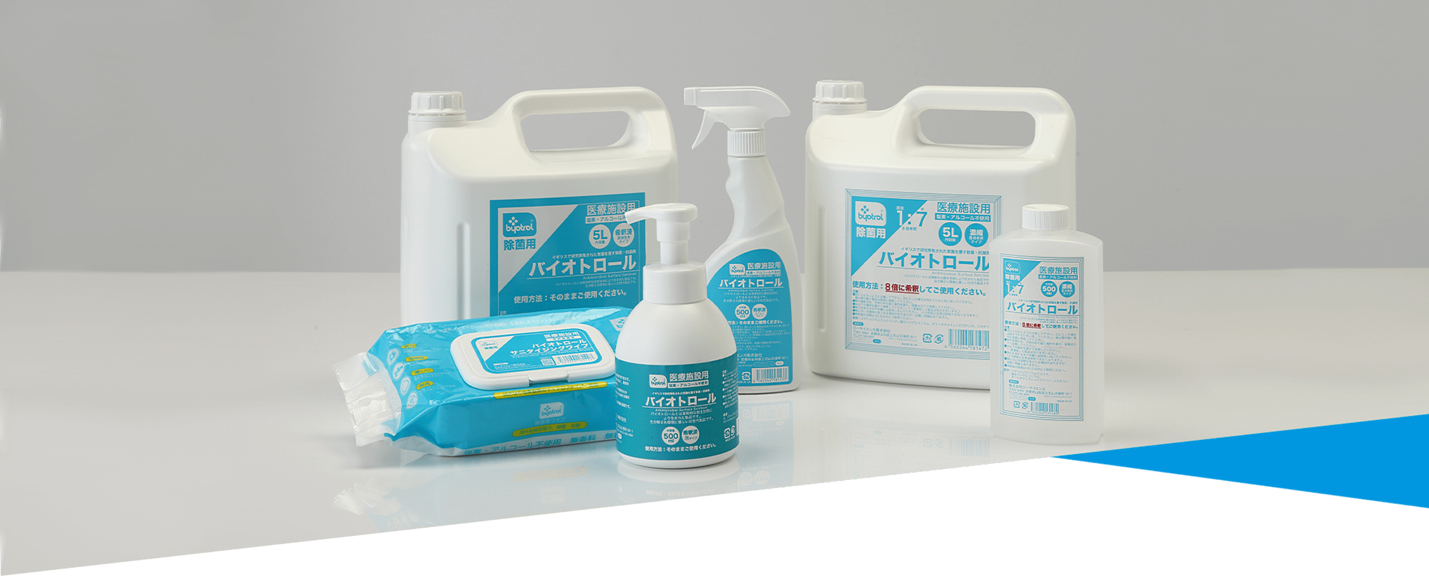 スプレーボトル、ワイプ、液体容器など、青いラベルが付いたさまざまな洗浄製品が白い表面に展示されています。.